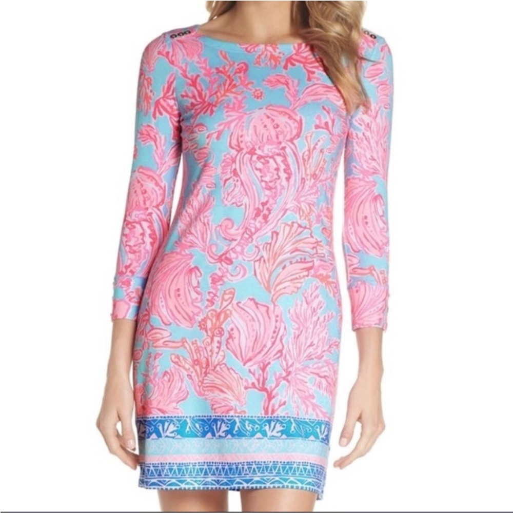 Lilly Pulitzer Sophie Dress Shell We Dance Boatneck Tropical Shift Mini SPF
